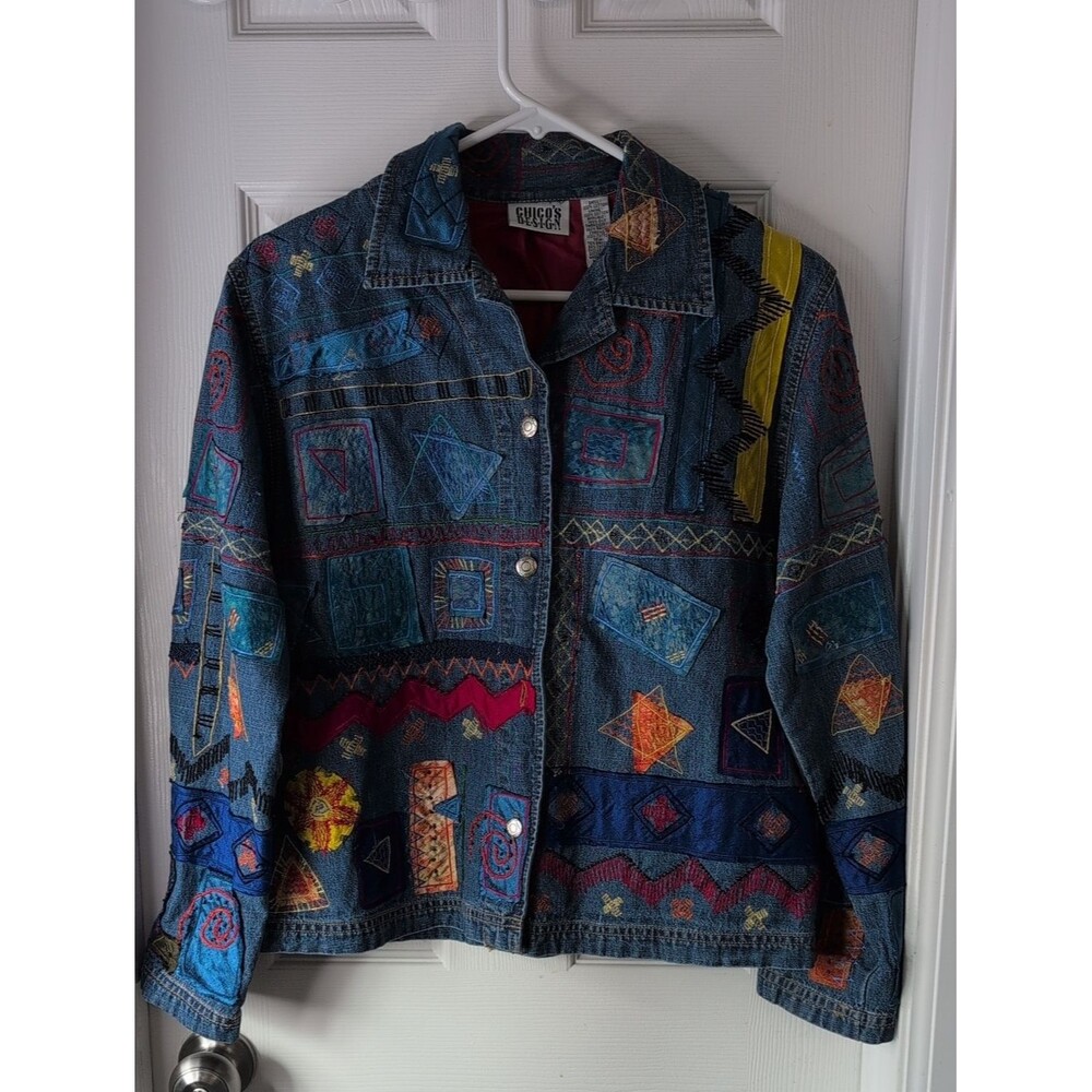 Chico's Cotton Multicolor Boho Embroidered Denim Jacket size S